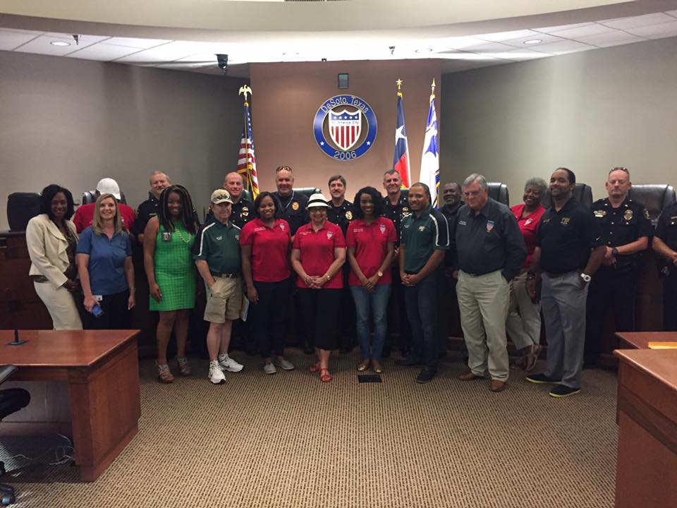 DeSoto City Councilmembers, DeSoto ISD Board Trustees and DeSoto Police joining together to make the rounds at more than 10 neighborhood block parties during National (DeSoto) Night Out.
