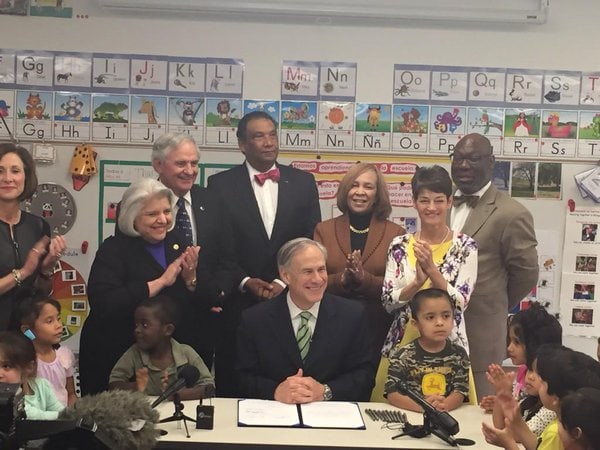 May 29, 2015 Rep. Giddings looks on as Governor Greg Abbott signs House Bill #4 into law. Giddings was a Co-Author and staunch supporter of the bill which authorized $130 million over two years for public school districts to improve the quality of the state’s pre-Kindergarten programs.