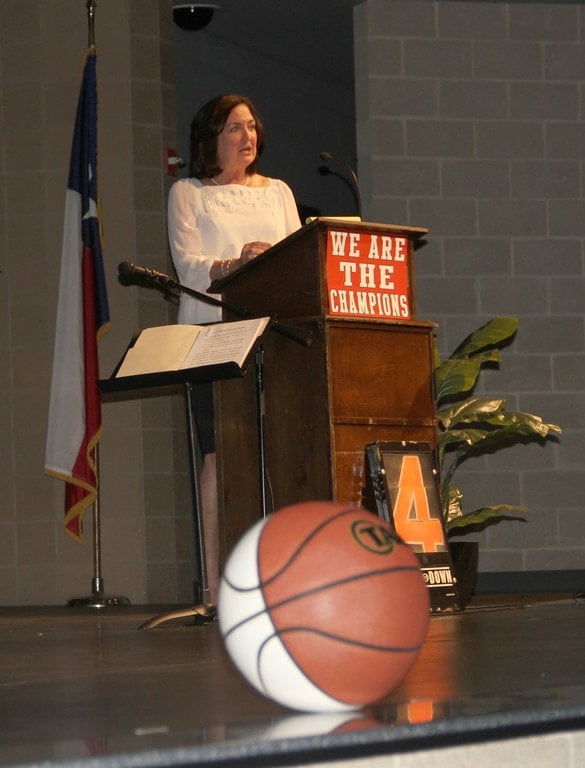 Coach Self-Morgan addresses the audience during the induction of the 2015 Duncanville Athletic Hall of Honor ceremony.