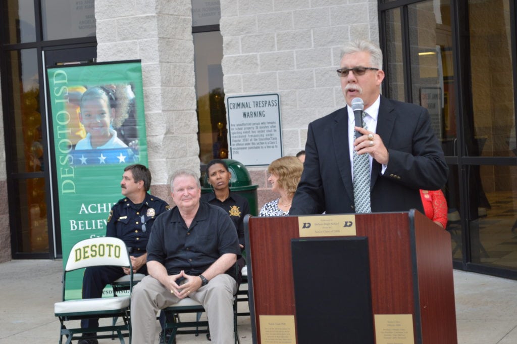 DeSoto Head Basketball Coach Chris Dyer addresses ceremony attendees.