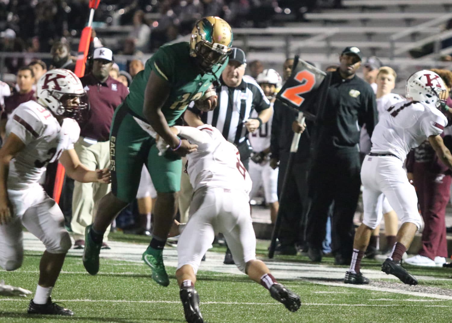 Quarterback Shawn Washington goes over the top to put the ball on the four yard line a play later he threw a touchdown pass making the score 44-0. One more TD later made the final score the Eagles 51 and the Killen 7. (Marifer Vega/DeSoto High School)