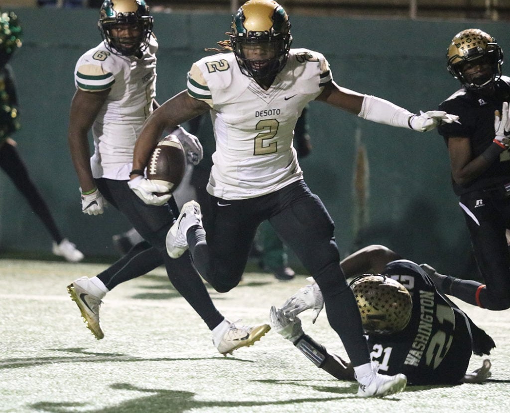 Jamonne Williams scores the first touchdown for the DeSoto Eagles in a game that belonged to the Eagles from Abilene the first half of the game. Williams scored a on run from seven yards out to make the score 7-14 for Abilene. Abilene dominated the first half with an interception and a fumble recovery off an onside kick. But the DeSoto Eagles came back to put the game on ice and advance to a playoff game with Cedar Hill. (Marifer Vega Hernandez/DeSoto H.S.)