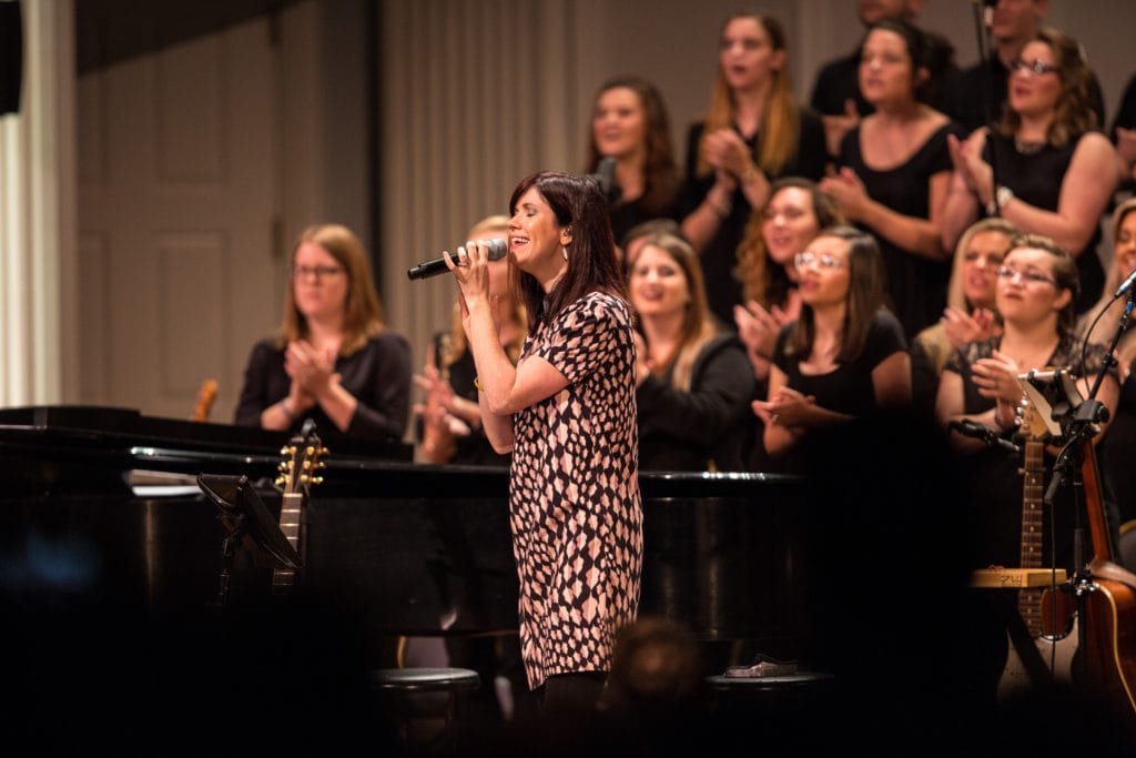 Kristyn Getty sings along with students from Dallas Baptist University.