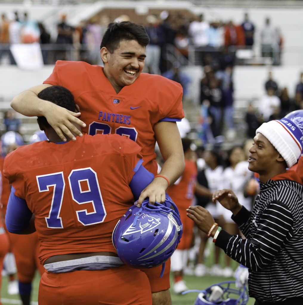 Panthers celebrate after the 32-27 win over Arlington Bowie. (Photo by Dillon Clarke/Duncanville High School)