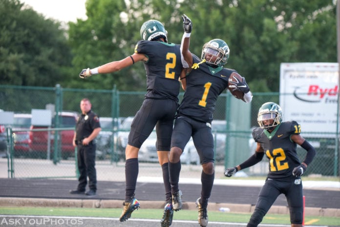 Eagles celebrate as one of their many talented receivers score a TD. Desoto Season opener win