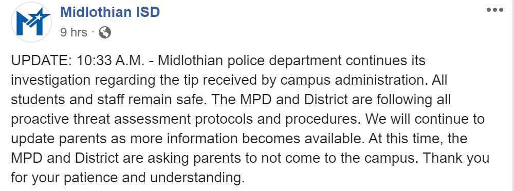 Midlothian ISD Lockdown Update 1
