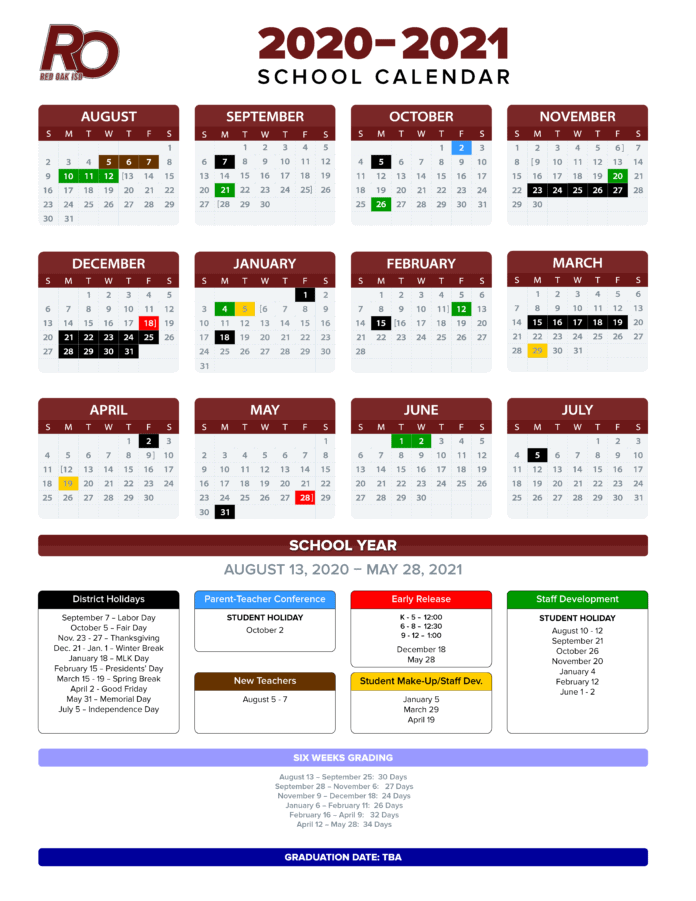 Red Oak ISD 2020-2021 calendar