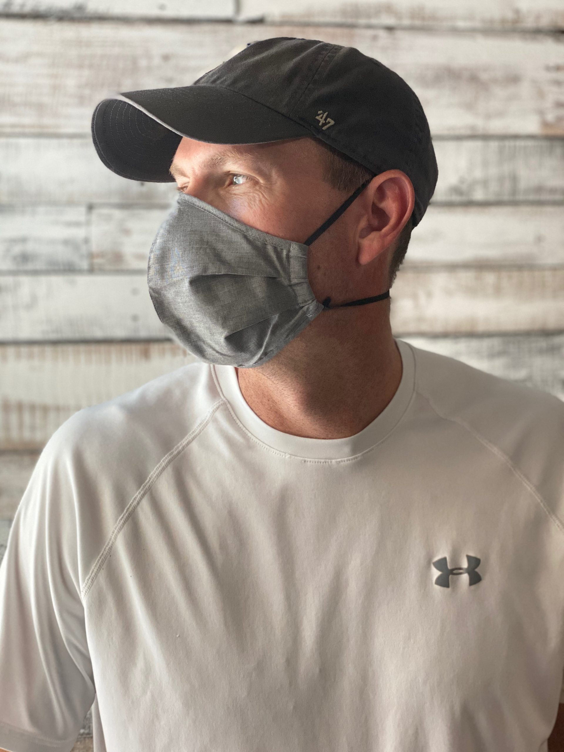 man showing profile view of face mask