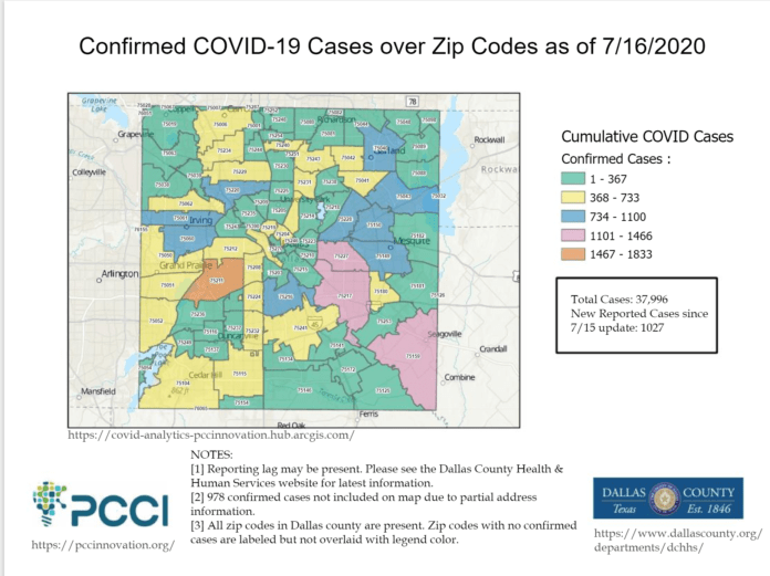 map showing COVID-19 by zip code