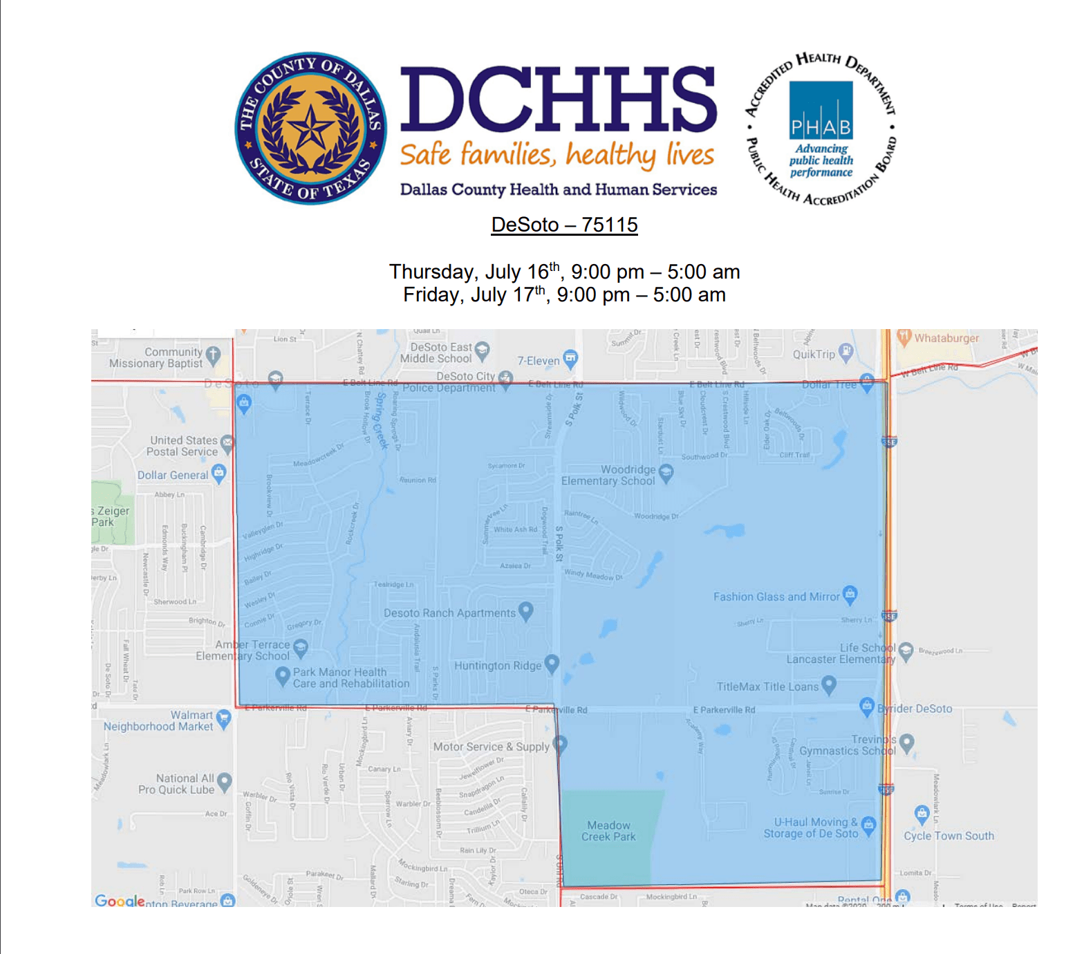 map of DeSoto mosquito treatment area