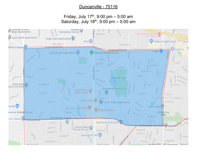 Duncanville Map for West Nile spraying