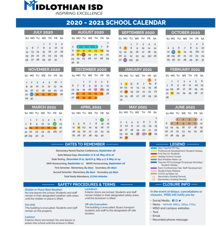 Midlothian ISD 2020-2021 school calendar