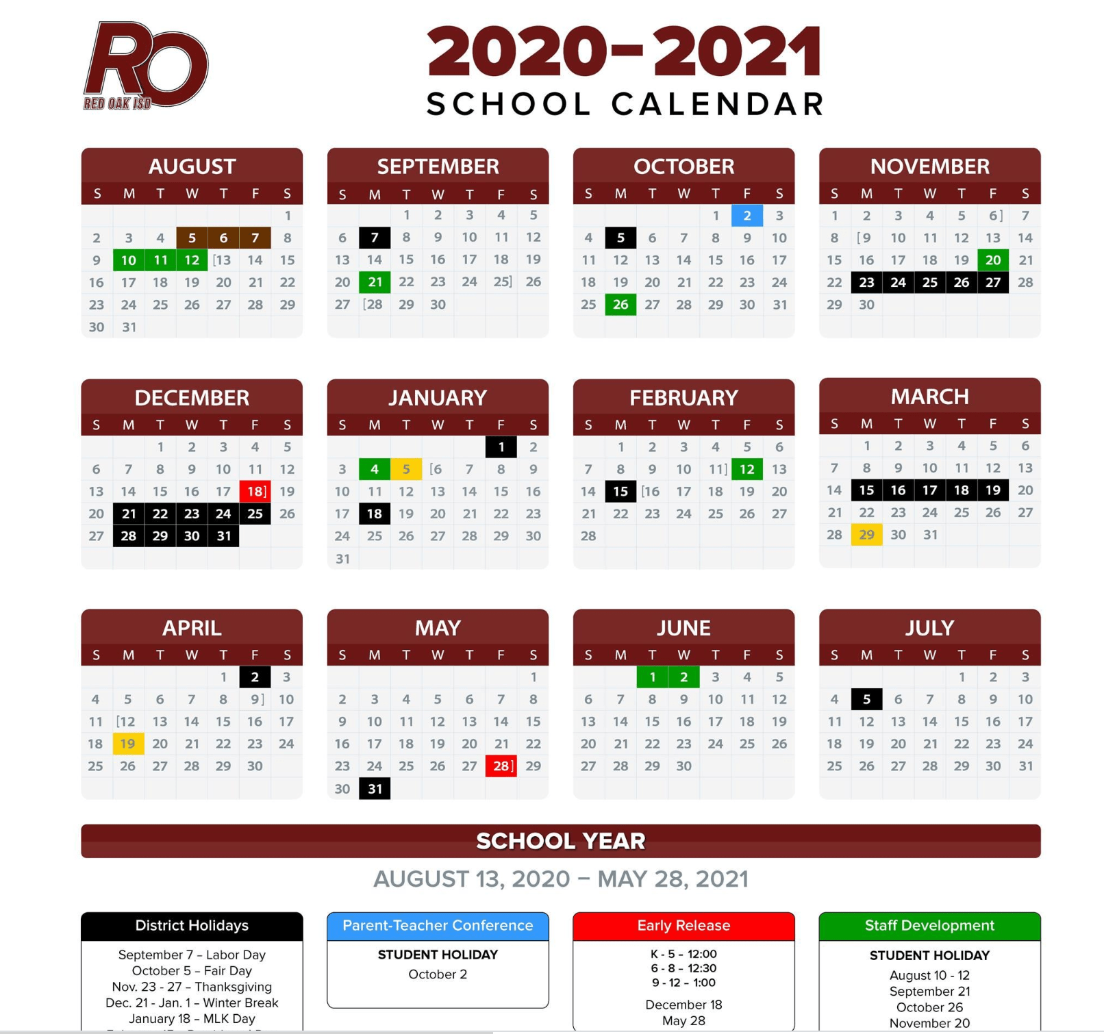 ROISD 2020-2021 calendar