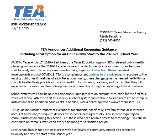 screenshot of TEA press release
