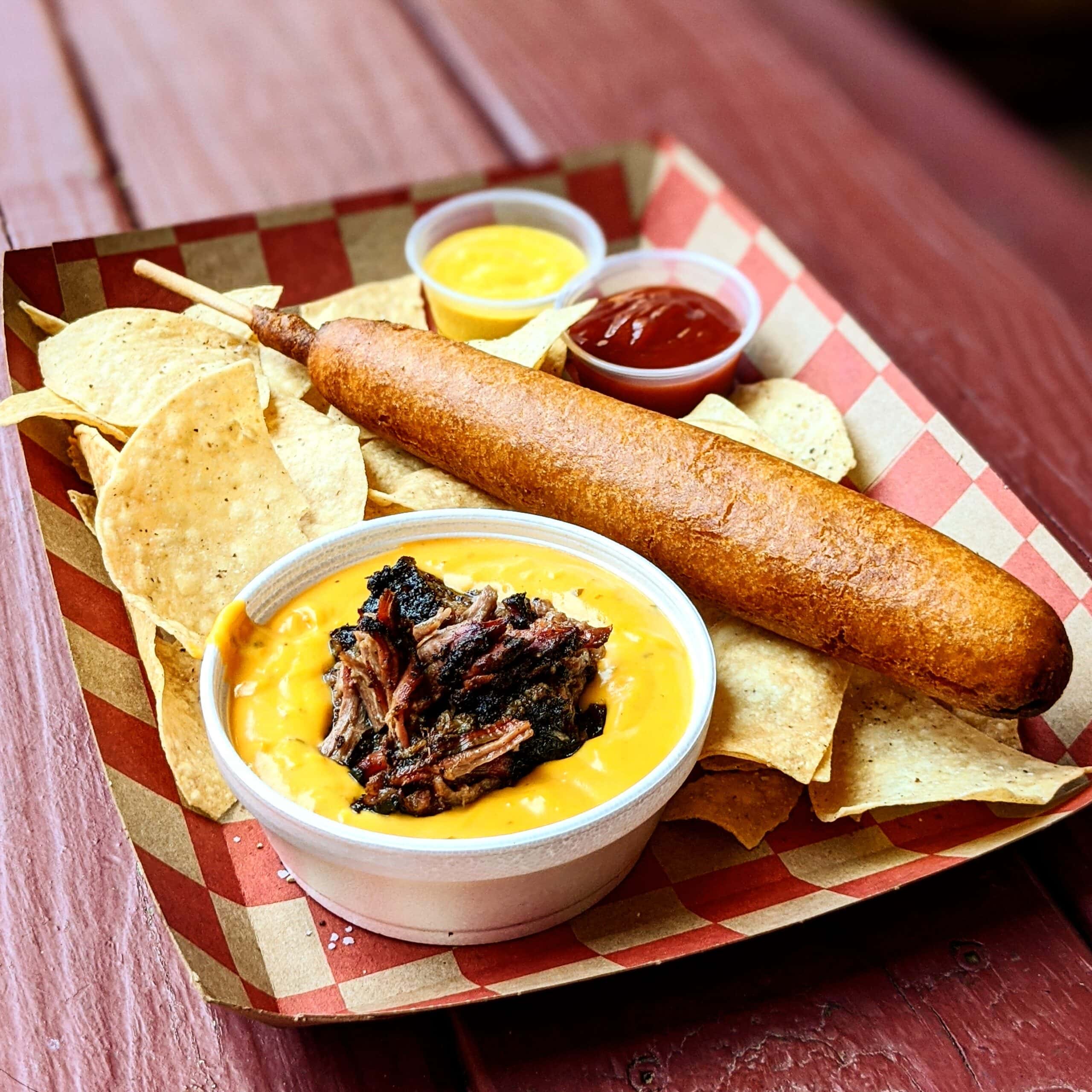 Foot Long Corn Dog and Brisket Queso