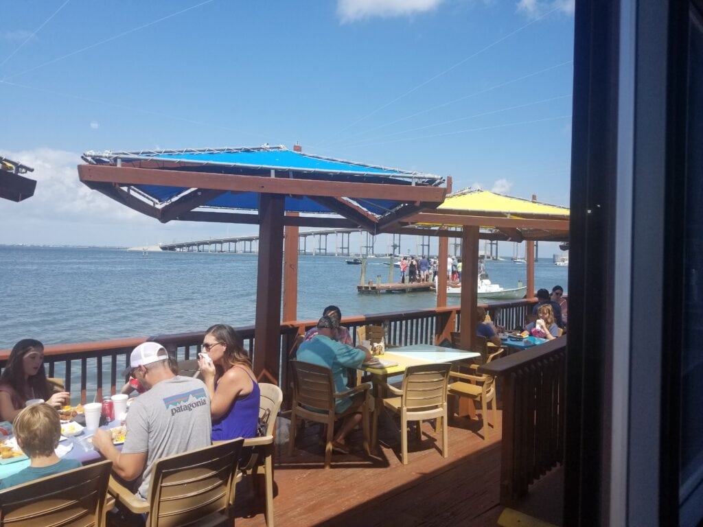 People eating on Snoopy's Pier