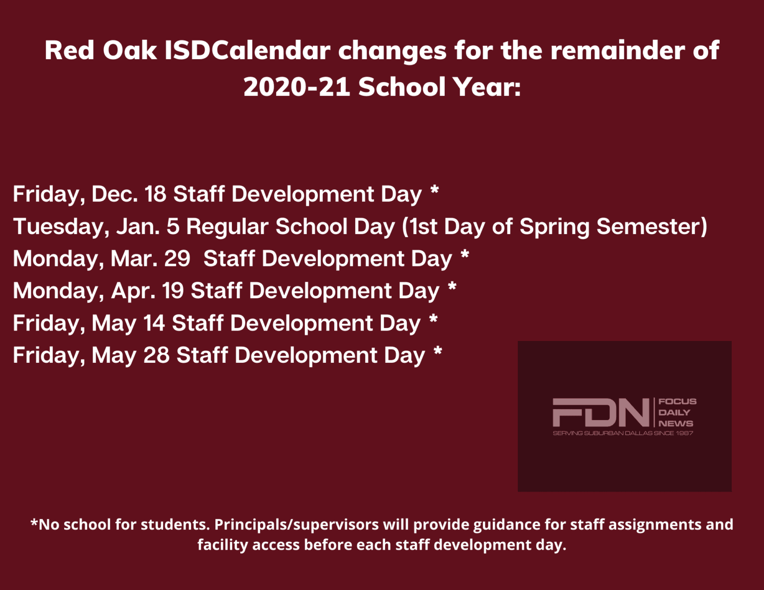 Red Oak ISD Amends 2020 2021 School Calendar Focus Daily News