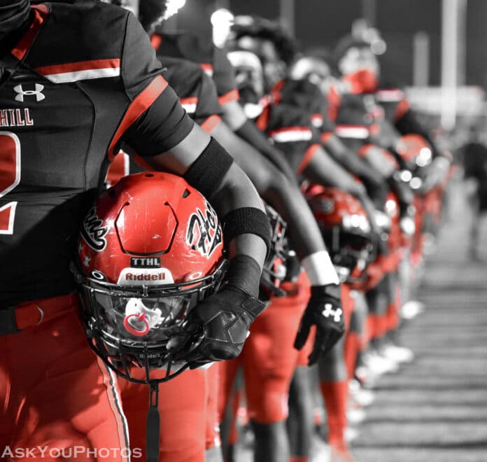 football players and helmets