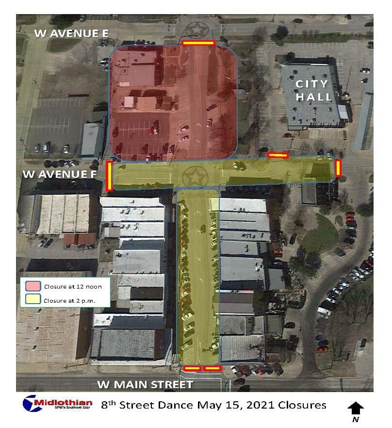 map of road closures downtown Midlothian