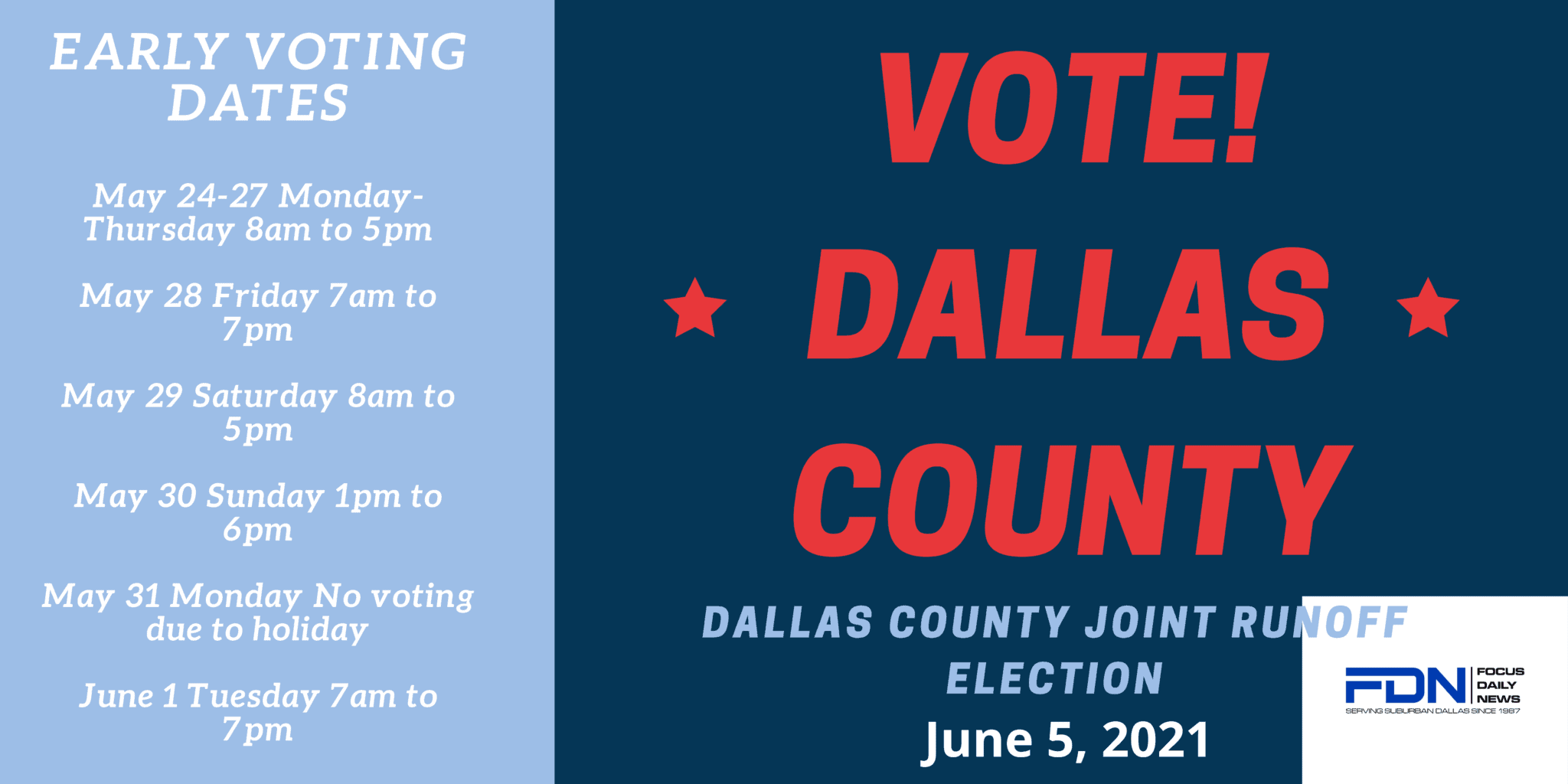 Early Voting Dallas County Elections SaturdayJune 5, 2021 Joint Runoff