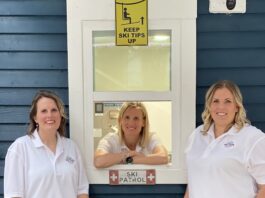 three ladies in front of window