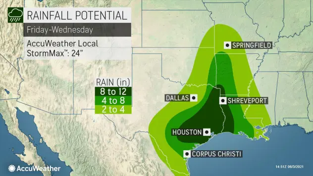Map of potential rainfall in Texas