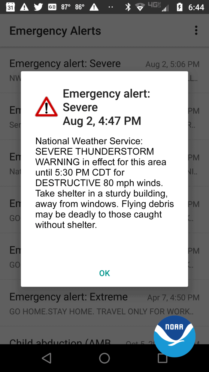 screenshot of thunderstorm mobile alert
