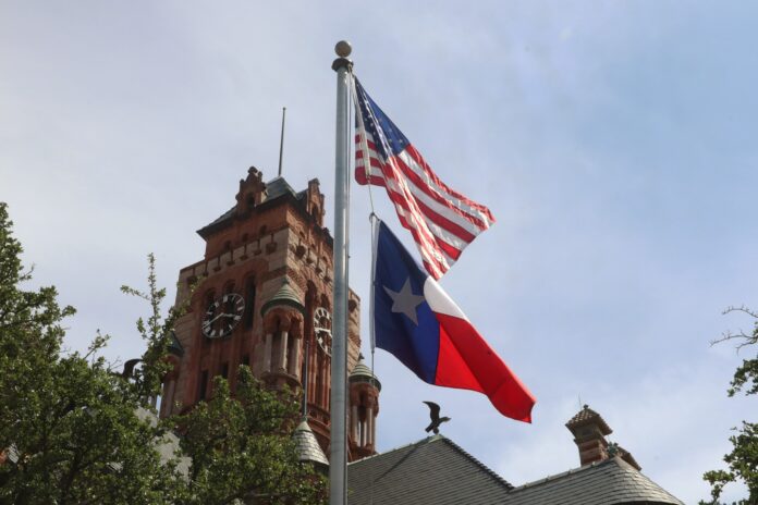 courthouse with flags