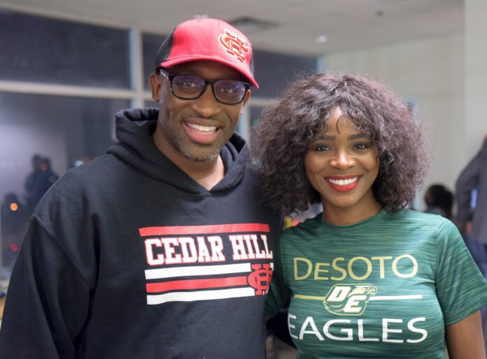 Desoto Mayor Rachel Proctor and Cedar Hill Mayor Stephen Mason representing their cities as they watch the “Battle of the Beltline”.