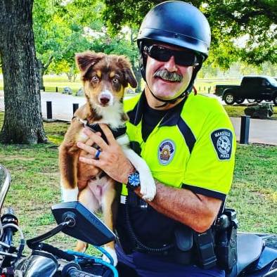 Police officer holding dog