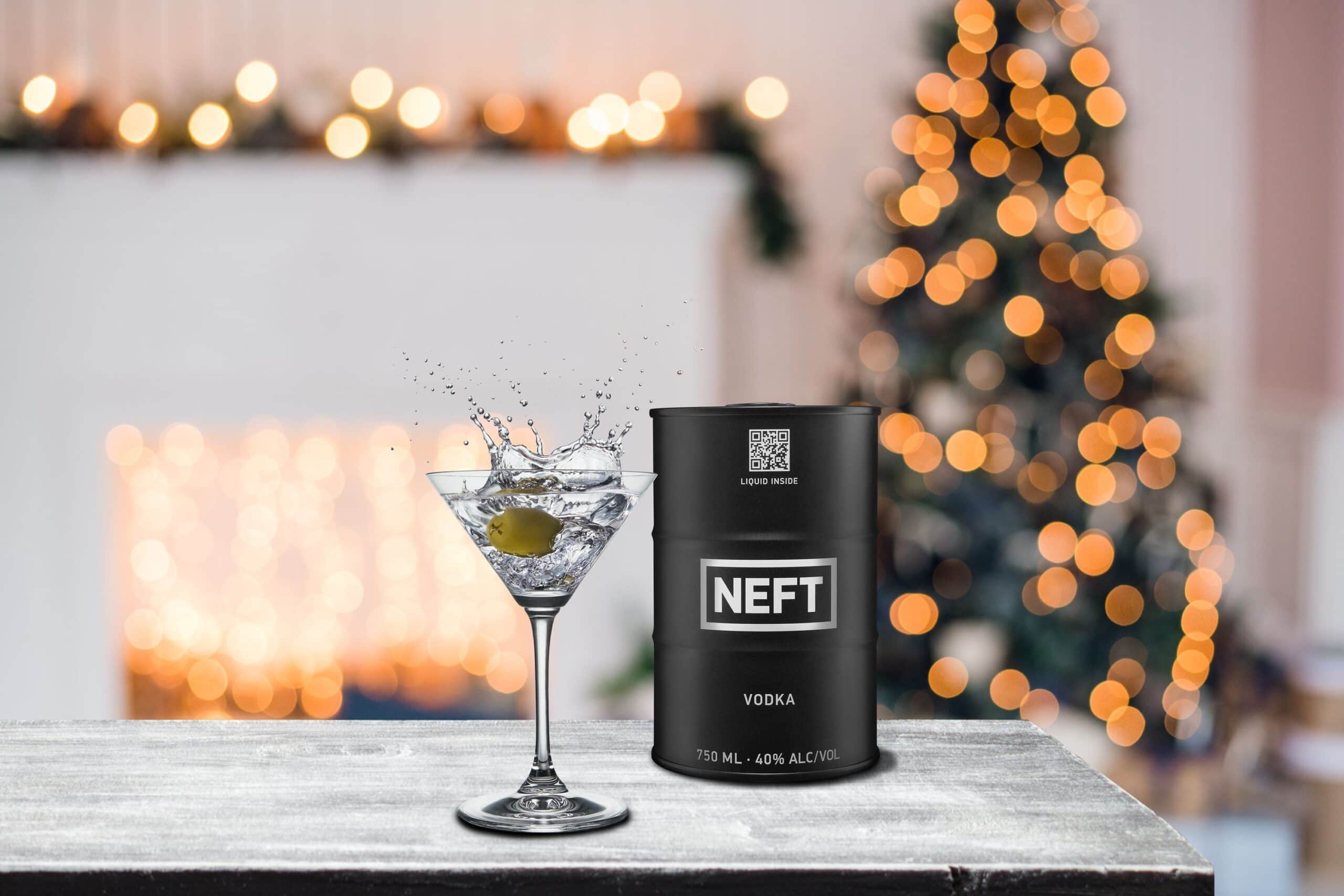 Box of NEFT vodka and martini glass