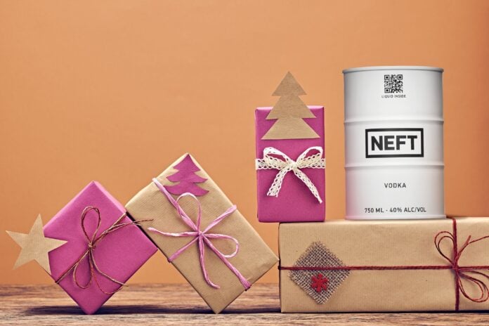 NEFT vodka barrel and presents