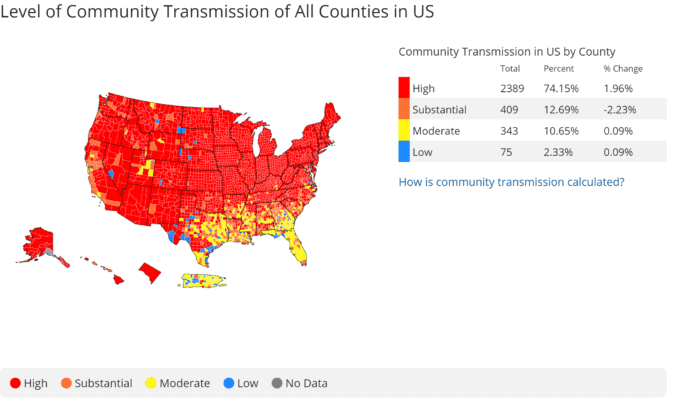 US map showing COVID transmission