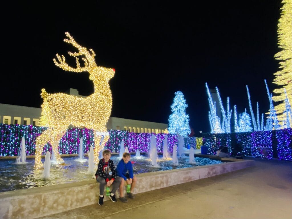 boys with reindeer made from lights