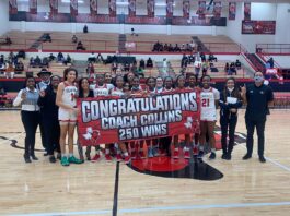 Longhorn basketball team with banner