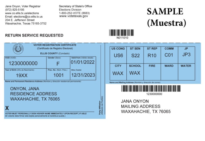 sample voter registration card