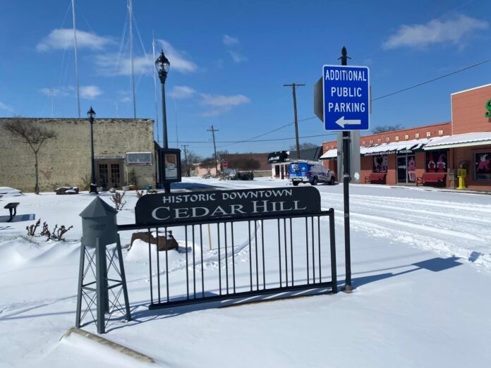 downtown Cedar Hill in snow