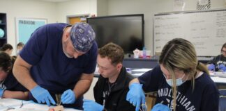 Methodist Midlothian Provides MHS Students Hands-On Opportunities doctor shows kids how to suture