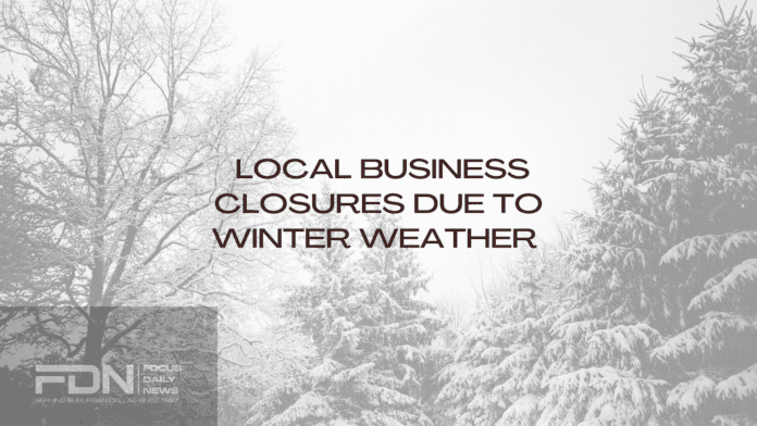 business closure text on winter background