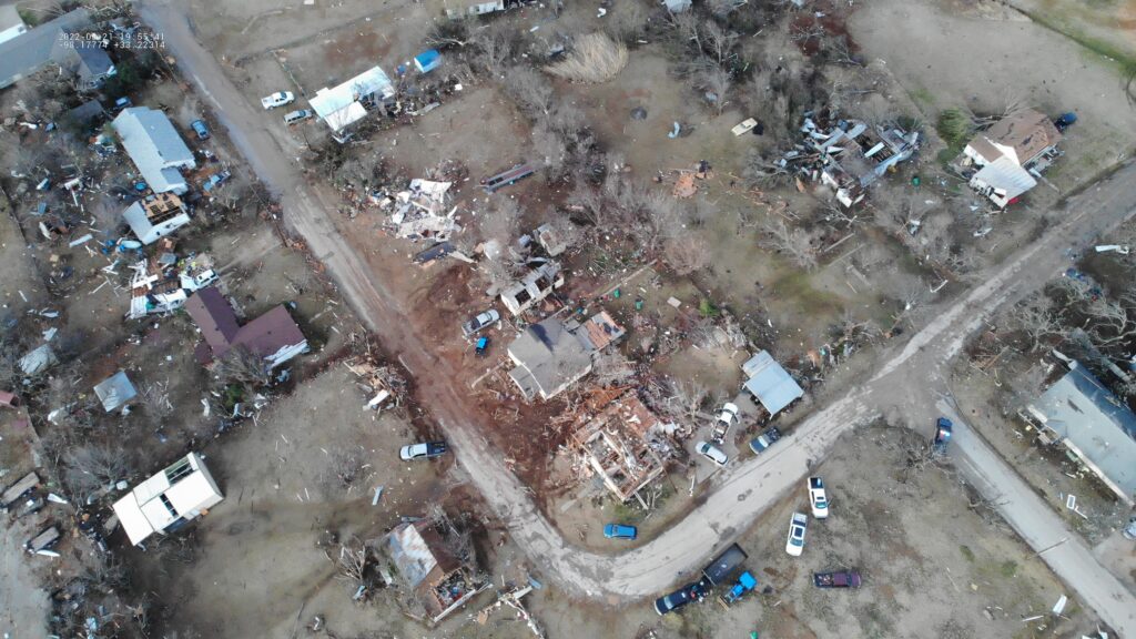 aerial view of tornado damage