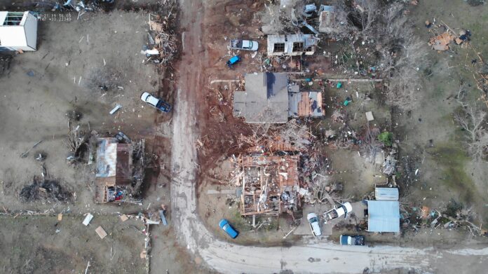 drone view of tornado damage