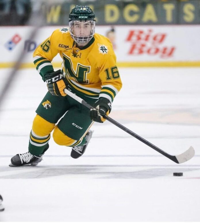 hockey player hitting puck