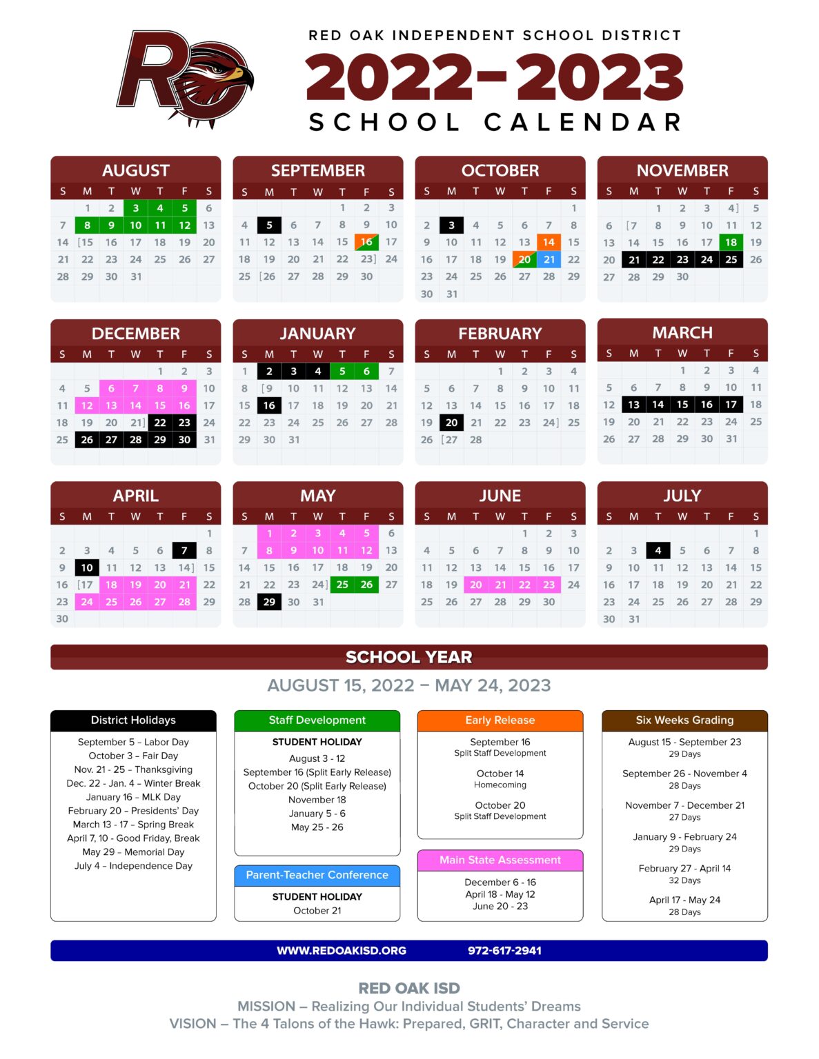 Red Oak ISD 2022-2023 School Calendar Emphasizes Instructional Time In