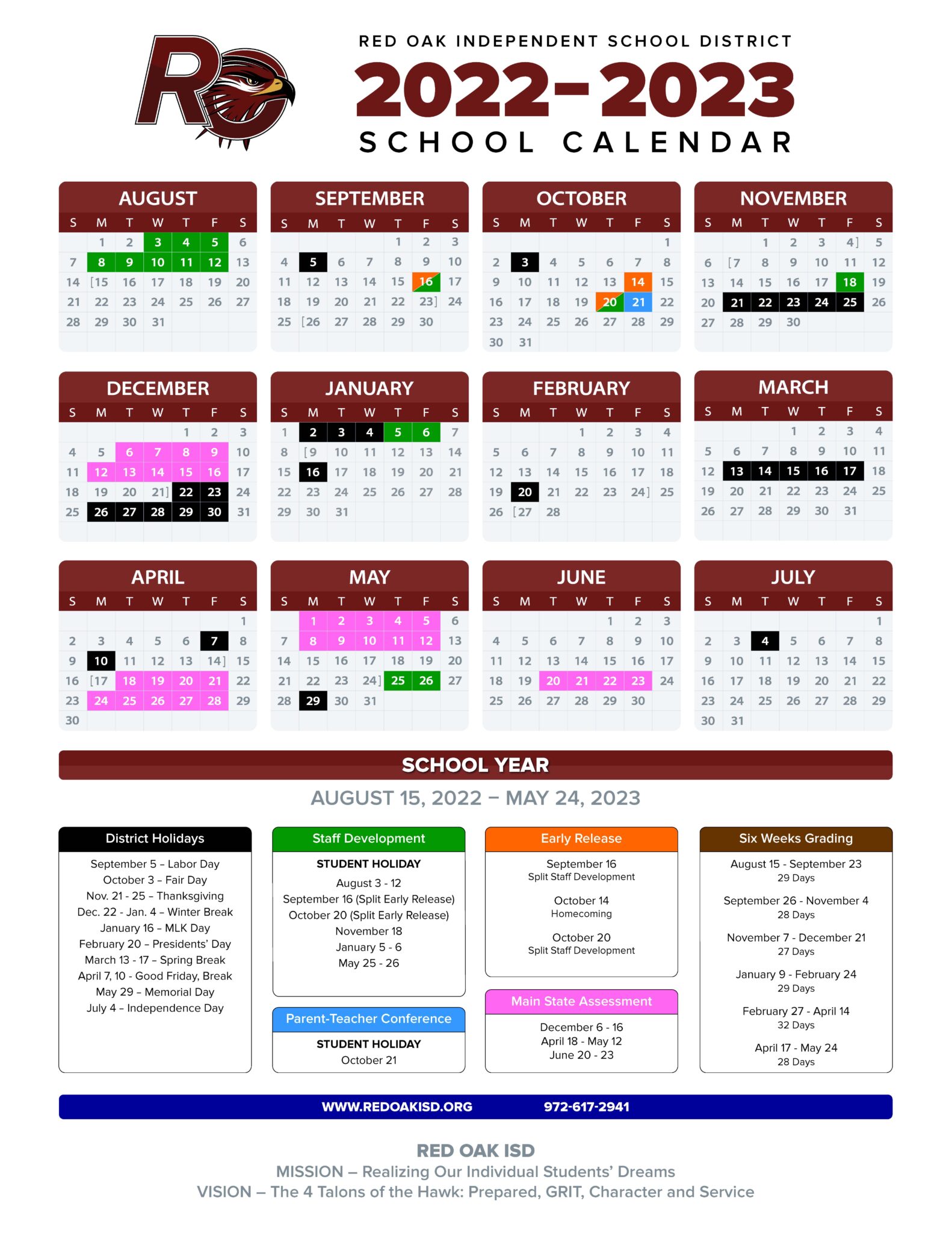 Red Oak ISD 20222023 School Calendar Emphasizes Instructional Time In