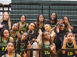 Lady Eagles basketball team with silly faces