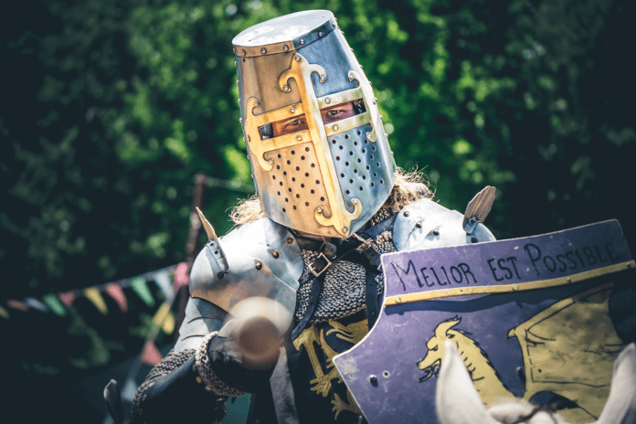 man wearing a joust costume