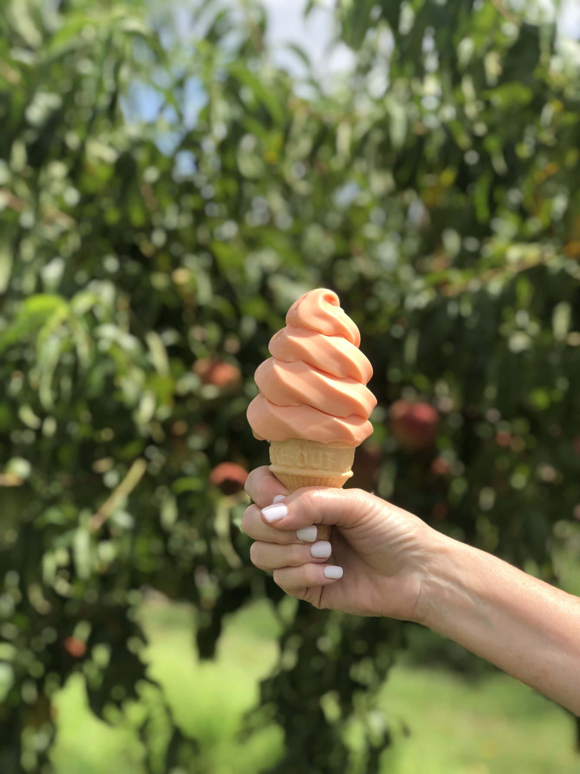 soft serve peach ice cream in cone