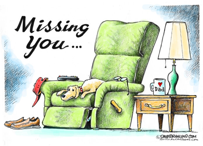 Father's Day cartoon with dog in recliner text says Missing You