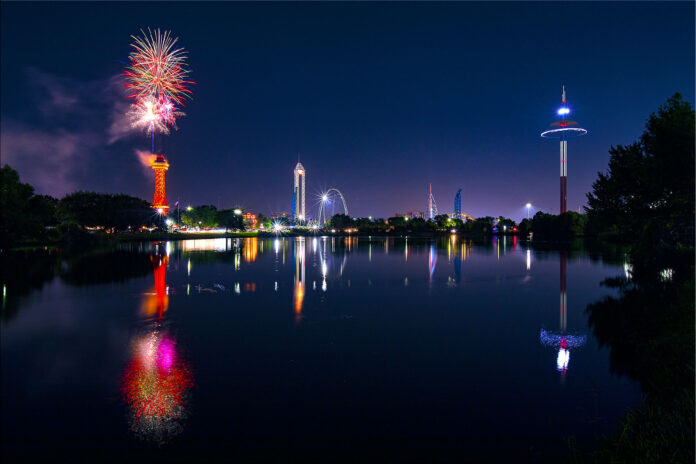 fireworks over six flags of texas at night