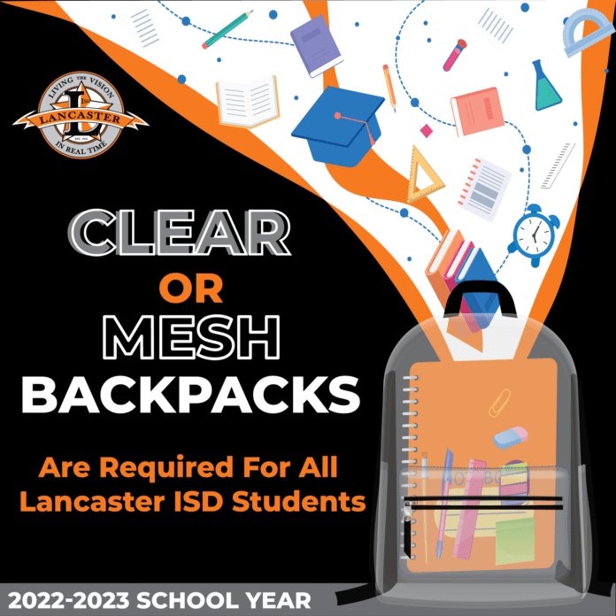 clear backpack flyer Lancaster ISD